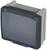 An electrical enclosure with a transparent front cover, black frame, and light grey body. Ideal for protecting electronic components.
