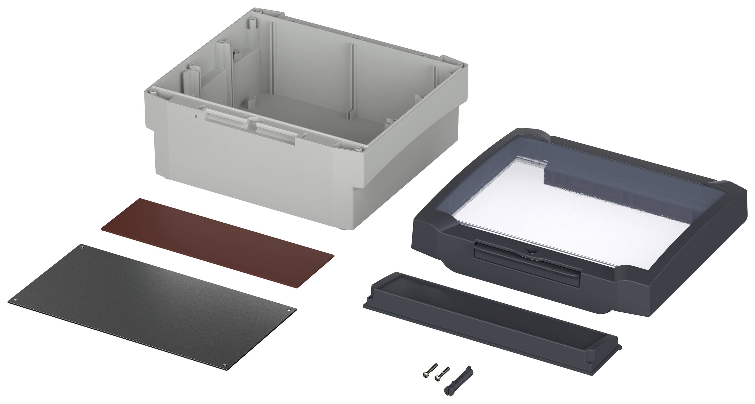 Components of a case set: grey box, transparent cover, red and black plates, small screws and parts.