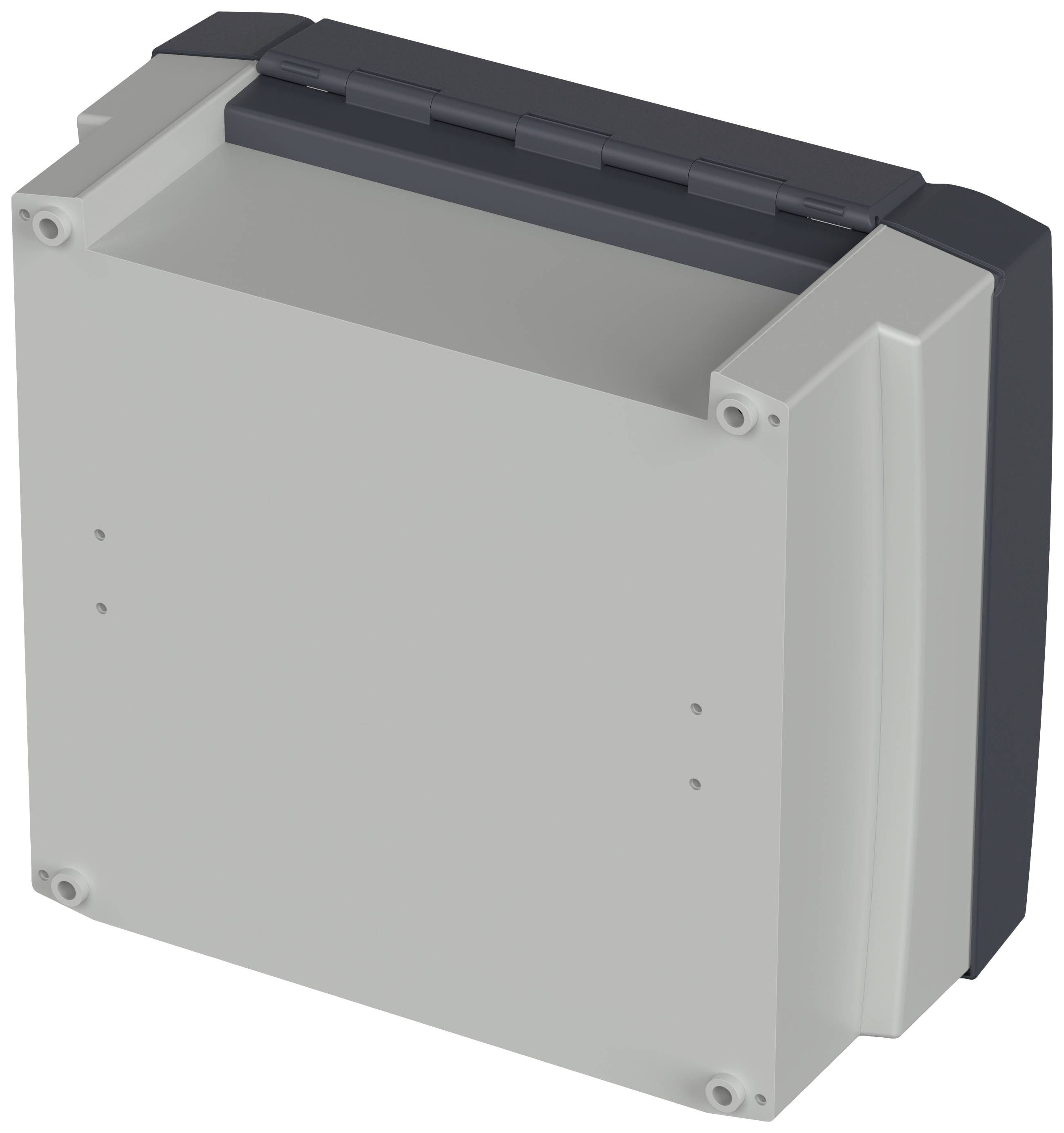 Grey, rectangular enclosure with rounded edges and a closable lid. It has mounting points at the corners.