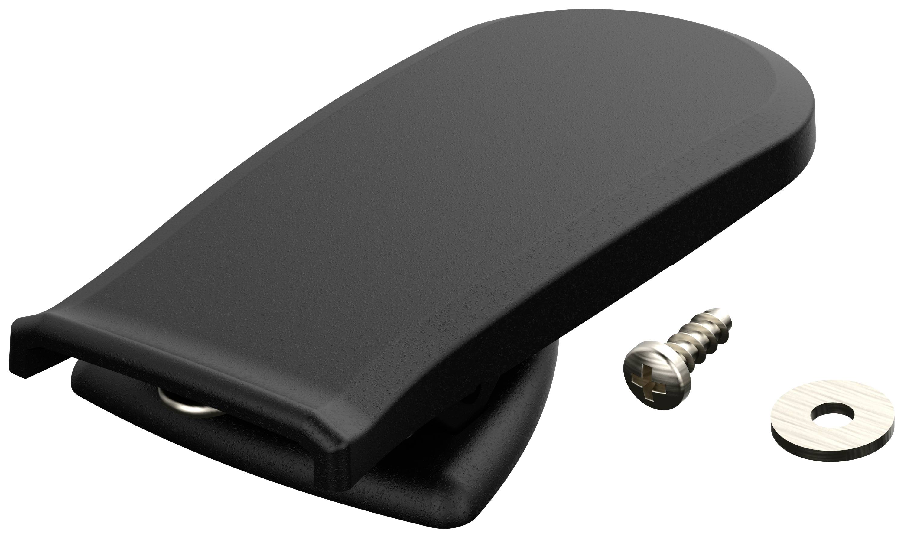 Black belt clip with screw and washer, suitable for secure attachment to various surfaces.