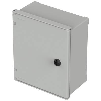 Grey, rectangular electrical cabinet with a single door and a central, black handle on the front.