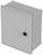 Grey, rectangular electrical cabinet with a single door and a central, black handle on the front.