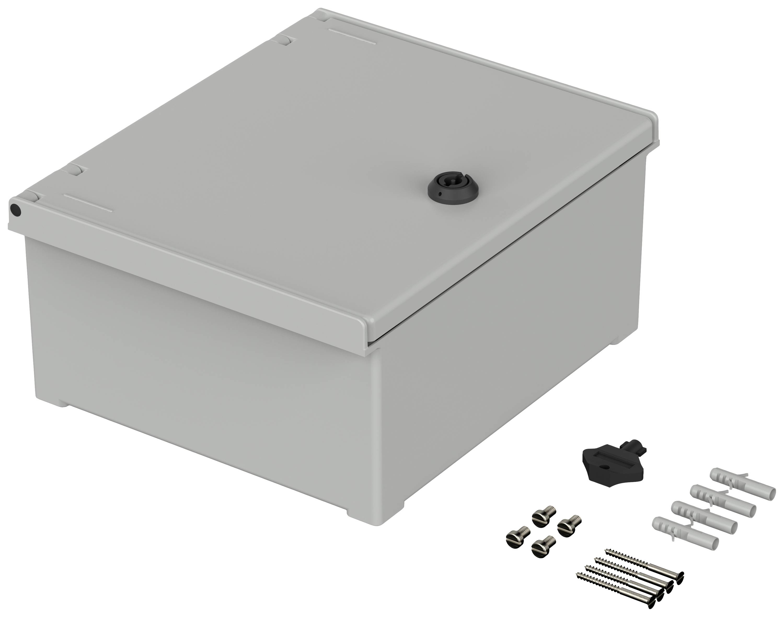A grey rectangular enclosure with screws, wall plugs, and a black mounting bracket on the right side.