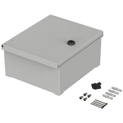 A grey rectangular enclosure with screws, wall plugs, and a black mounting bracket on the right side.