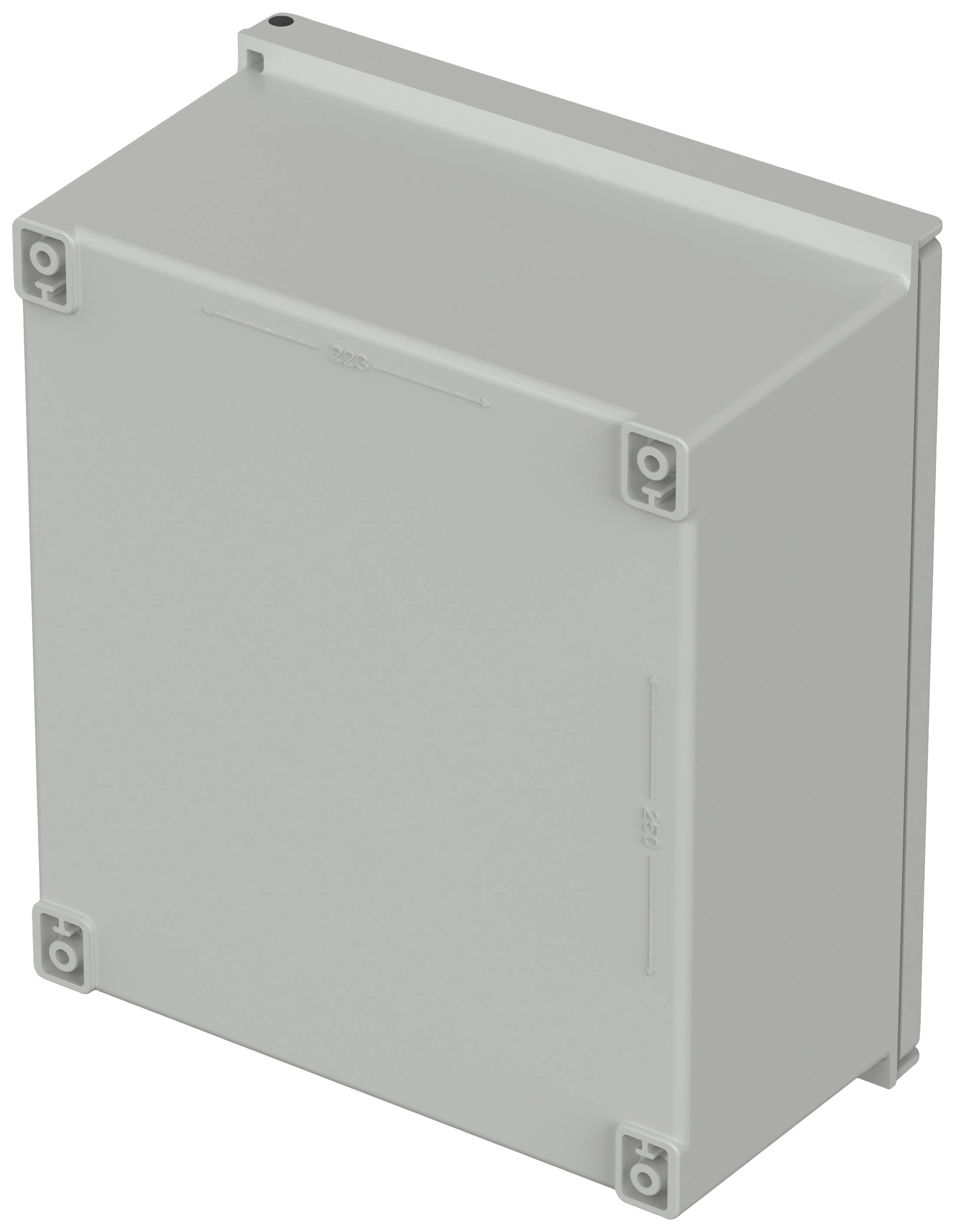 Rectangular grey enclosure with screw fasteners at the corners.