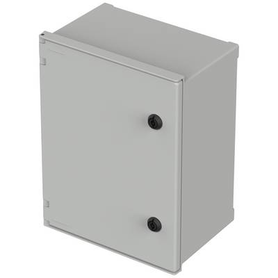 A grey, rectangular metal enclosure with two black rotary knobs on the front, suitable for housing electronic components.