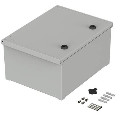 Grey rectangular enclosure with separate screws and mounting parts, suitable for electrical or technical installations.