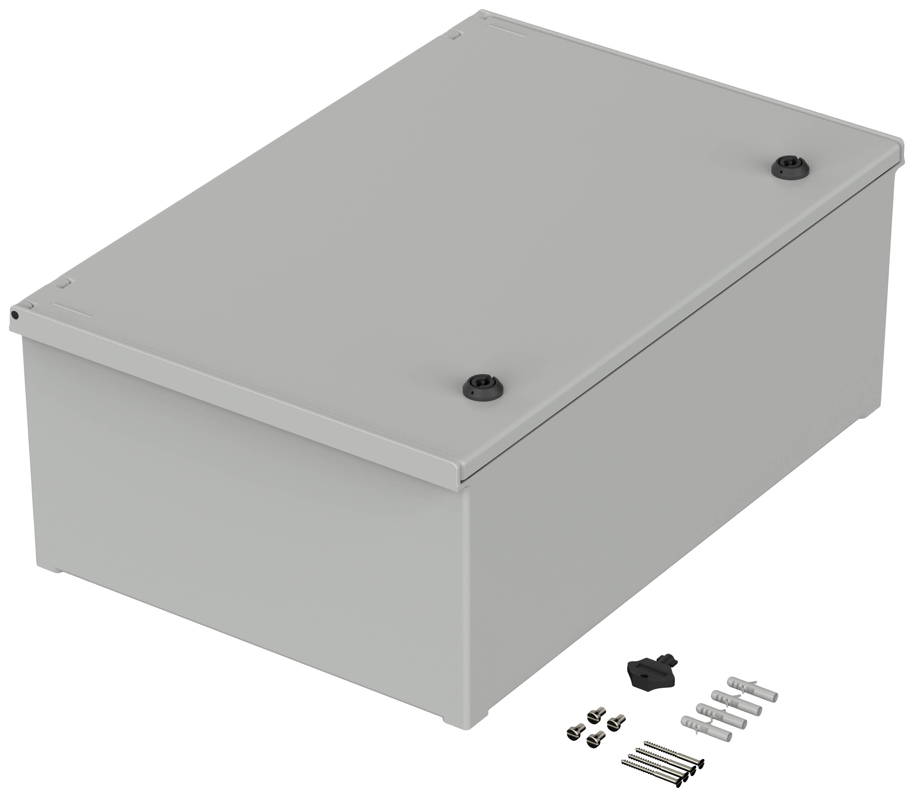 Grey metal box with removable lid, beside it screws and wall plugs, used for secure storage of electrical components.