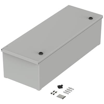 Rectangular grey box with two black screws on the lid. Beside it lie screws and mounting accessories.