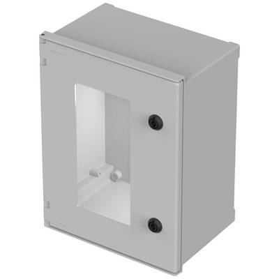 A blank, grey protective enclosure with a viewing window and two black locks, suitable for installing electrical components.