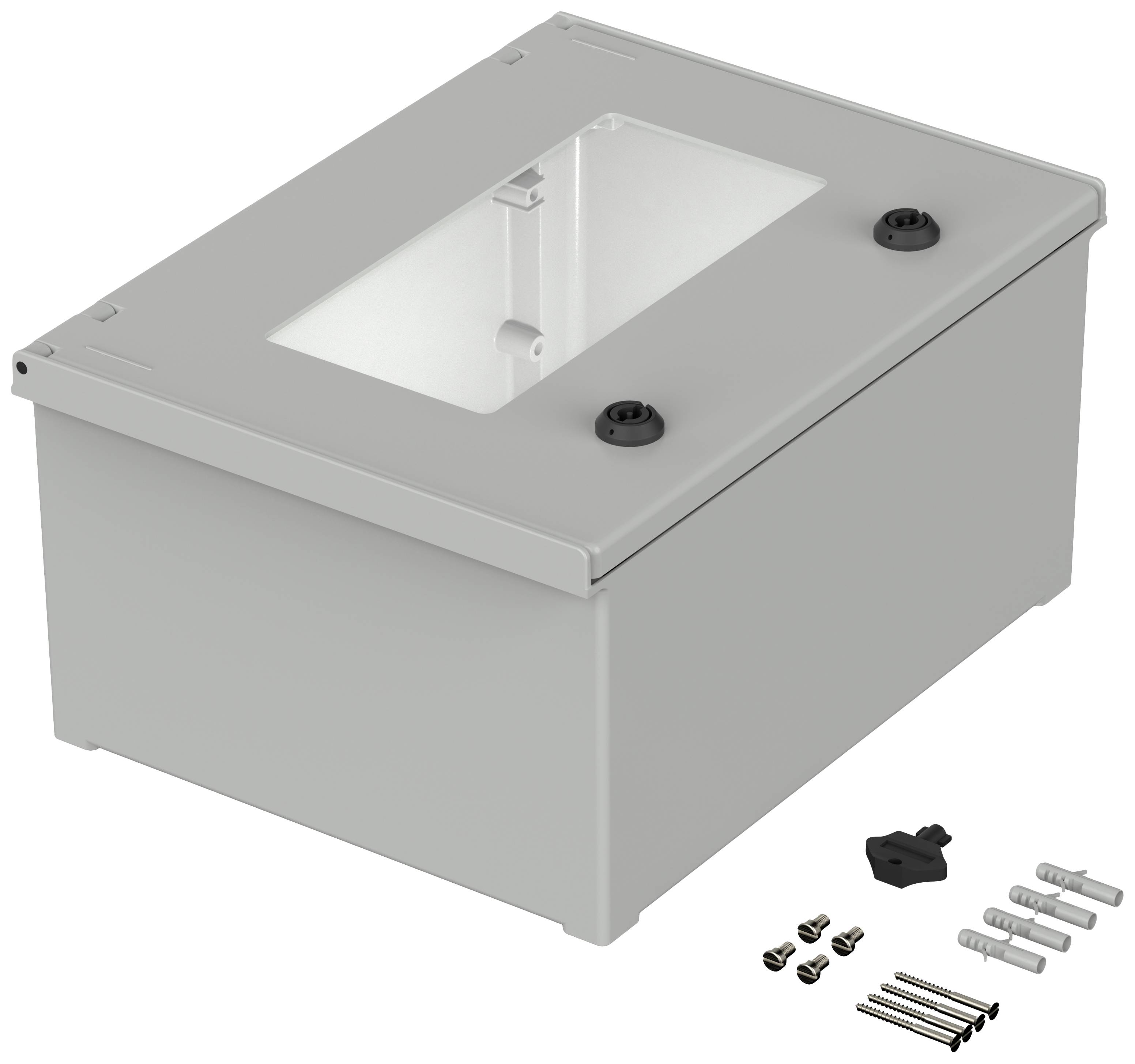 Grey rectangular housing with an open interior, two buttons and a removable cover. Screws and wall plugs are positioned to the right beside it.