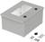 Grey rectangular housing with an open interior, two buttons and a removable cover. Screws and wall plugs are positioned to the right beside it.