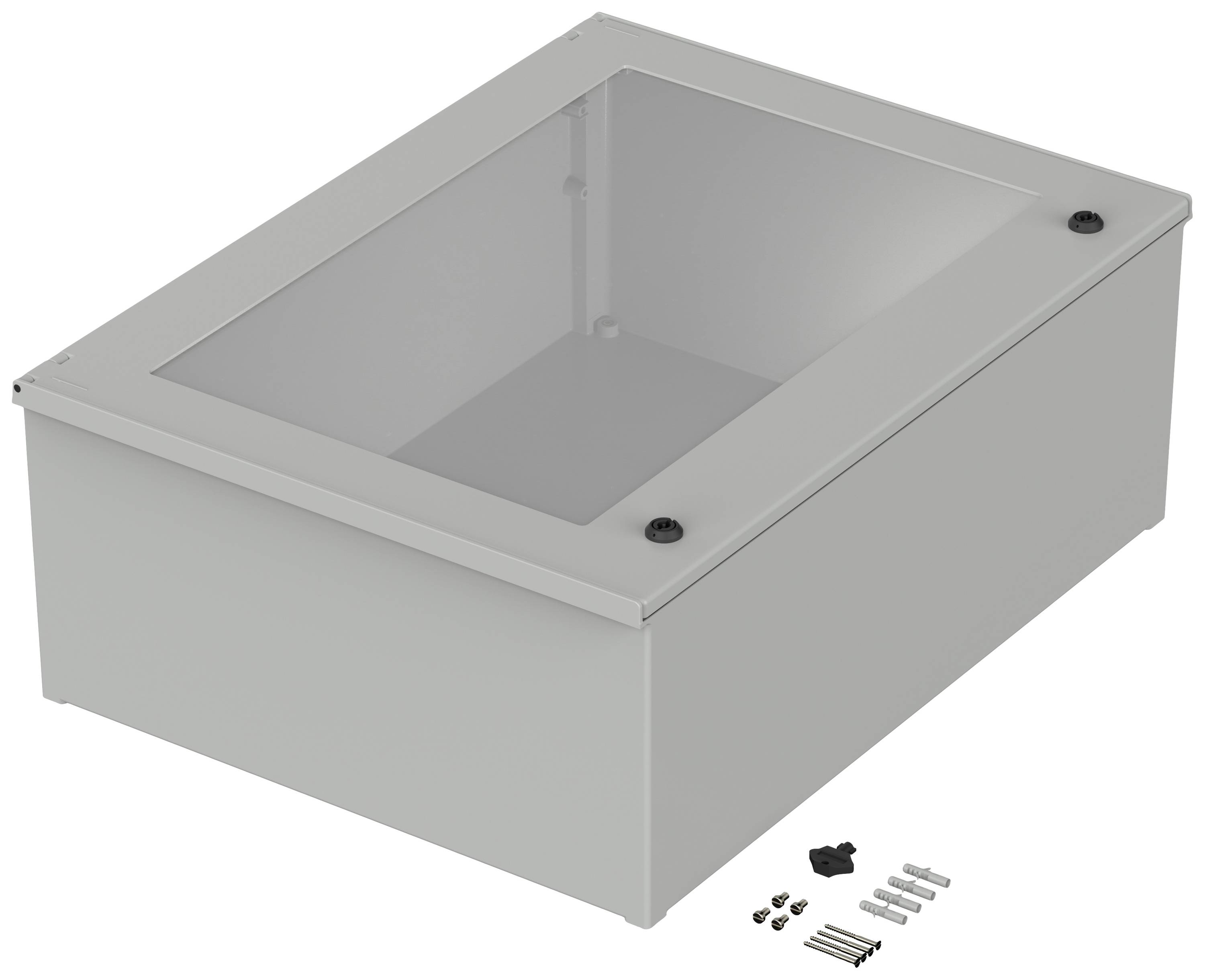 Metal box with transparent lid, four screws, wall plugs, and plastic component; suitable for installation.