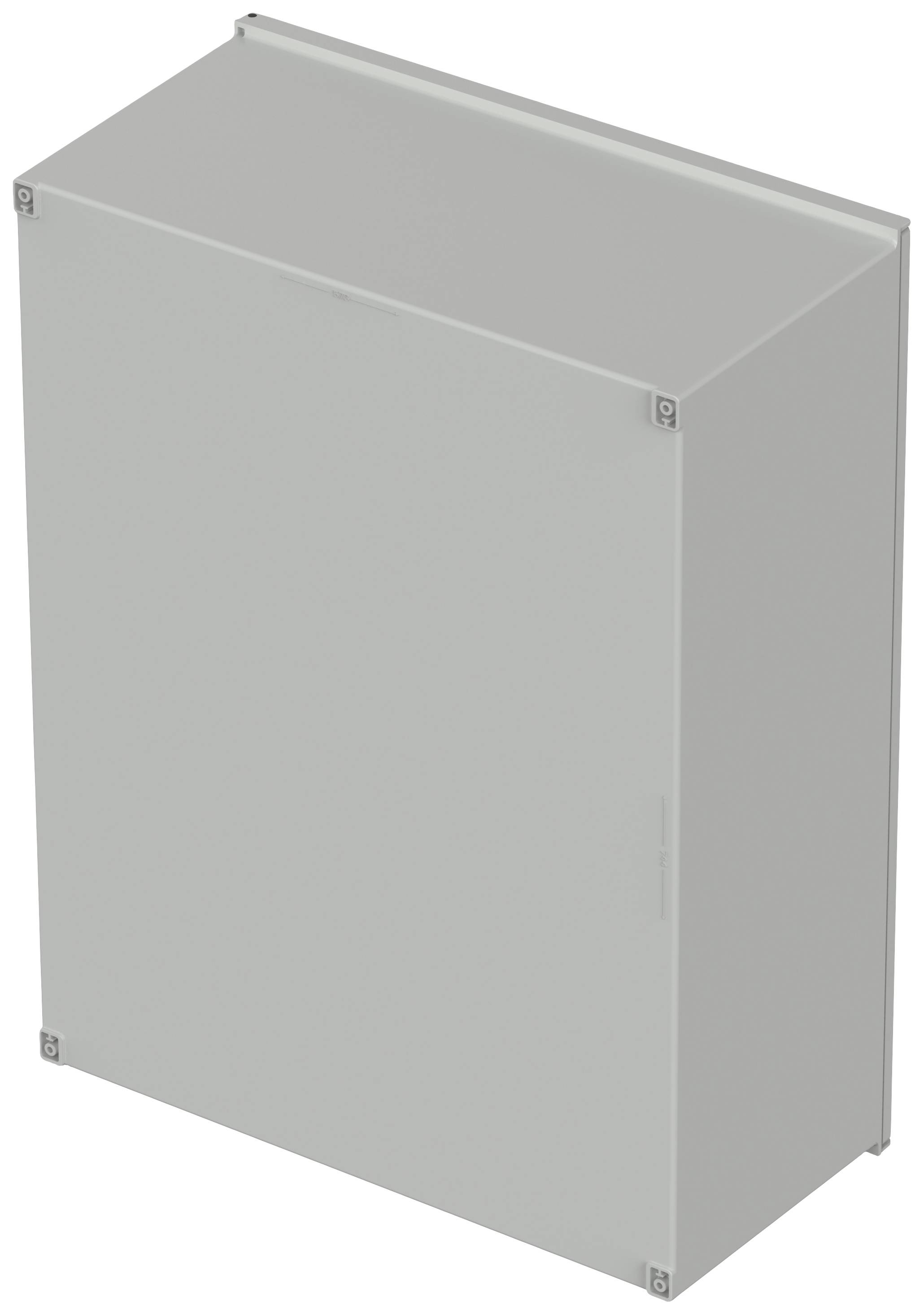 Rectangular metal box with screws at the corners. Colour: Grey.