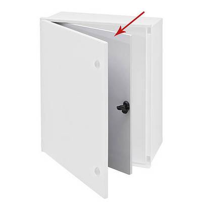 A white enclosure with an open door, a red arrow pointing to the hinge inside. A black rotary handle on the right side.
