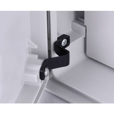 Close-up of a black hinge connecting two white surfaces. Screws securely fasten the hinge on both sides.