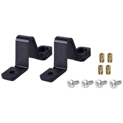 Two black metal mounting brackets, each with one hole, four golden threaded inserts, and four silver screws.