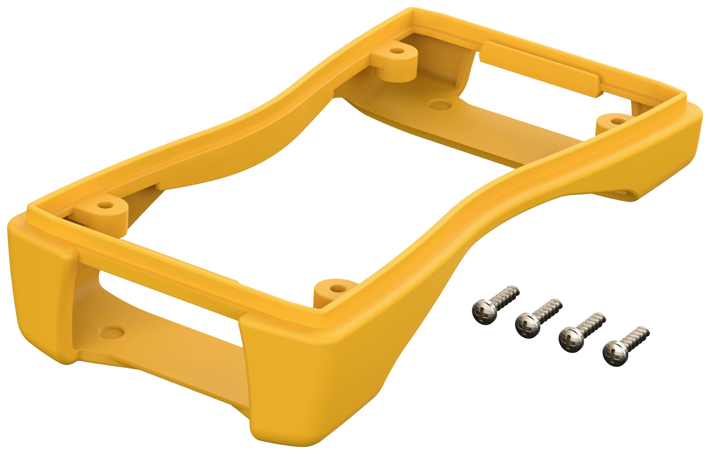 Yellow plastic casing with four screws beside it, possibly intended as a mounting bracket or cover for an electronic device.