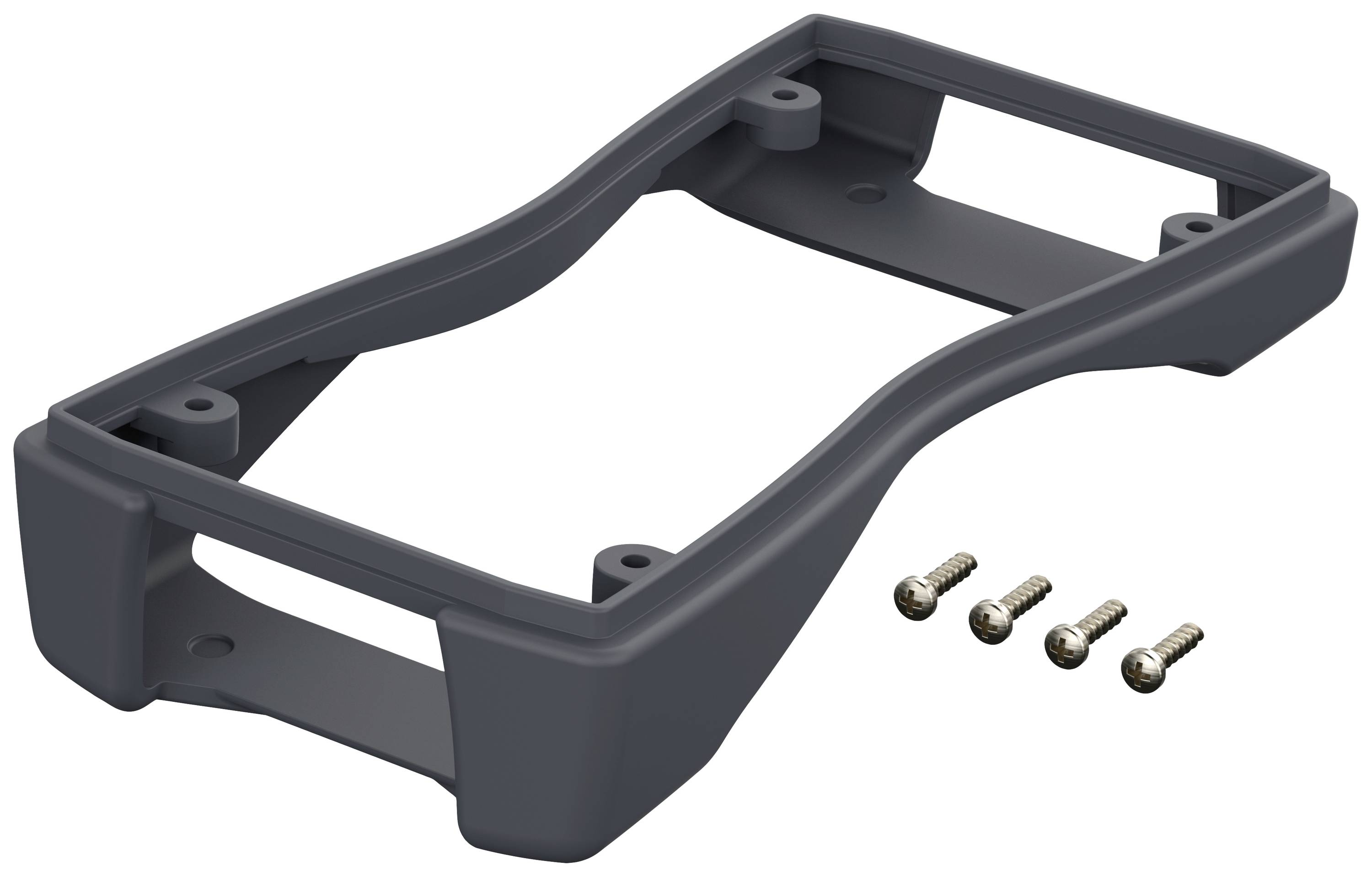 A rectangular, grey plastic frame with rounded edges lies next to four small screws.
