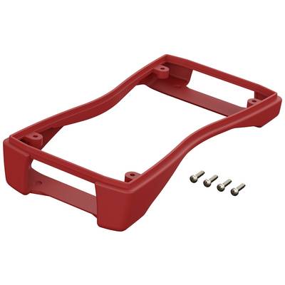 Red plastic frame bracket with curved design, next to four silver screws, against white background.