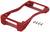 Red plastic frame bracket with curved design, next to four silver screws, against white background.