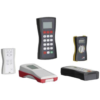 Five different electronic measuring devices with buttons and displays, varying in shape and colour, presumably for measurement and control purposes.