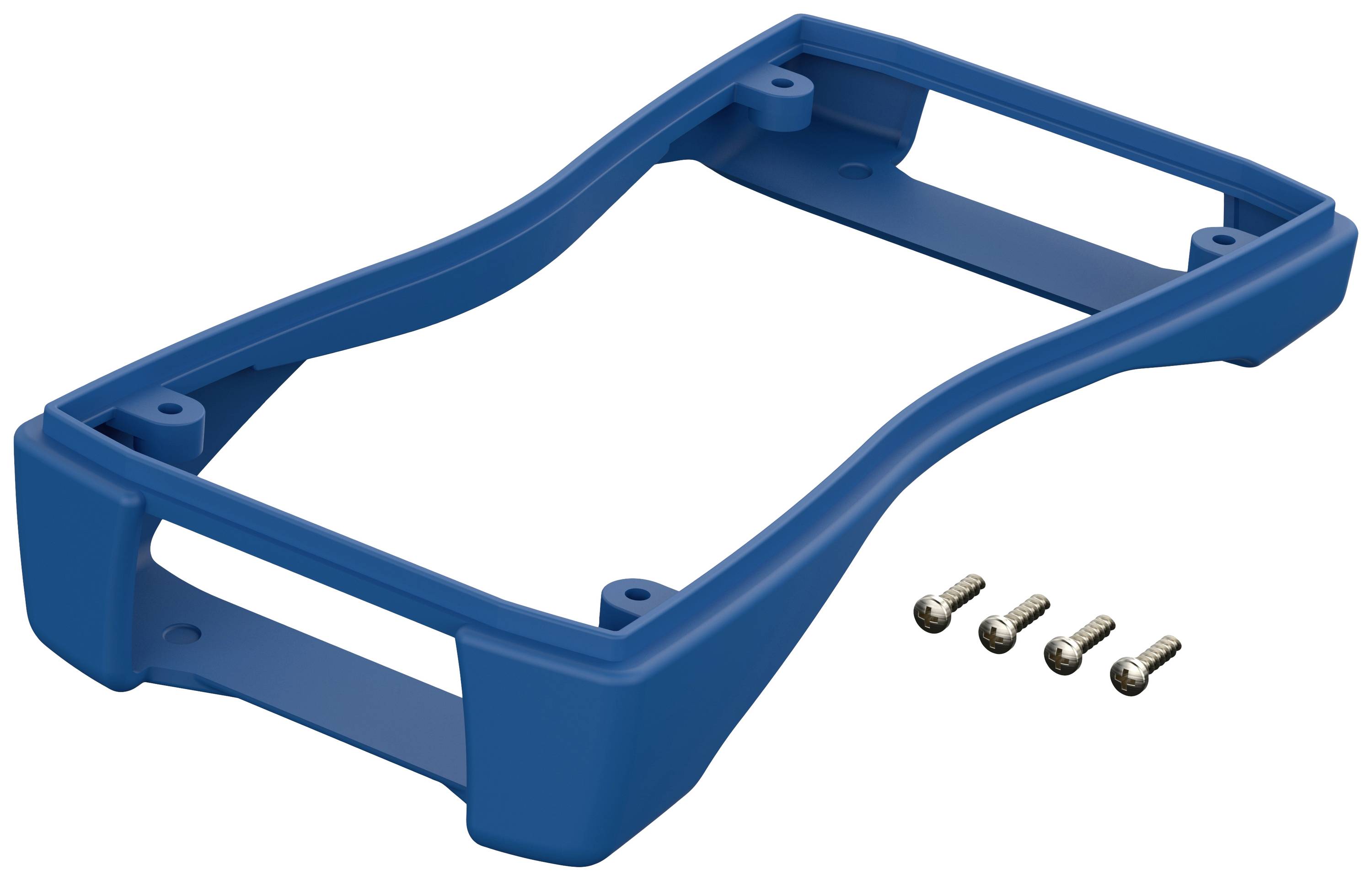 A blue plastic component for assembly with four small screws beside it, suitable for technical applications.