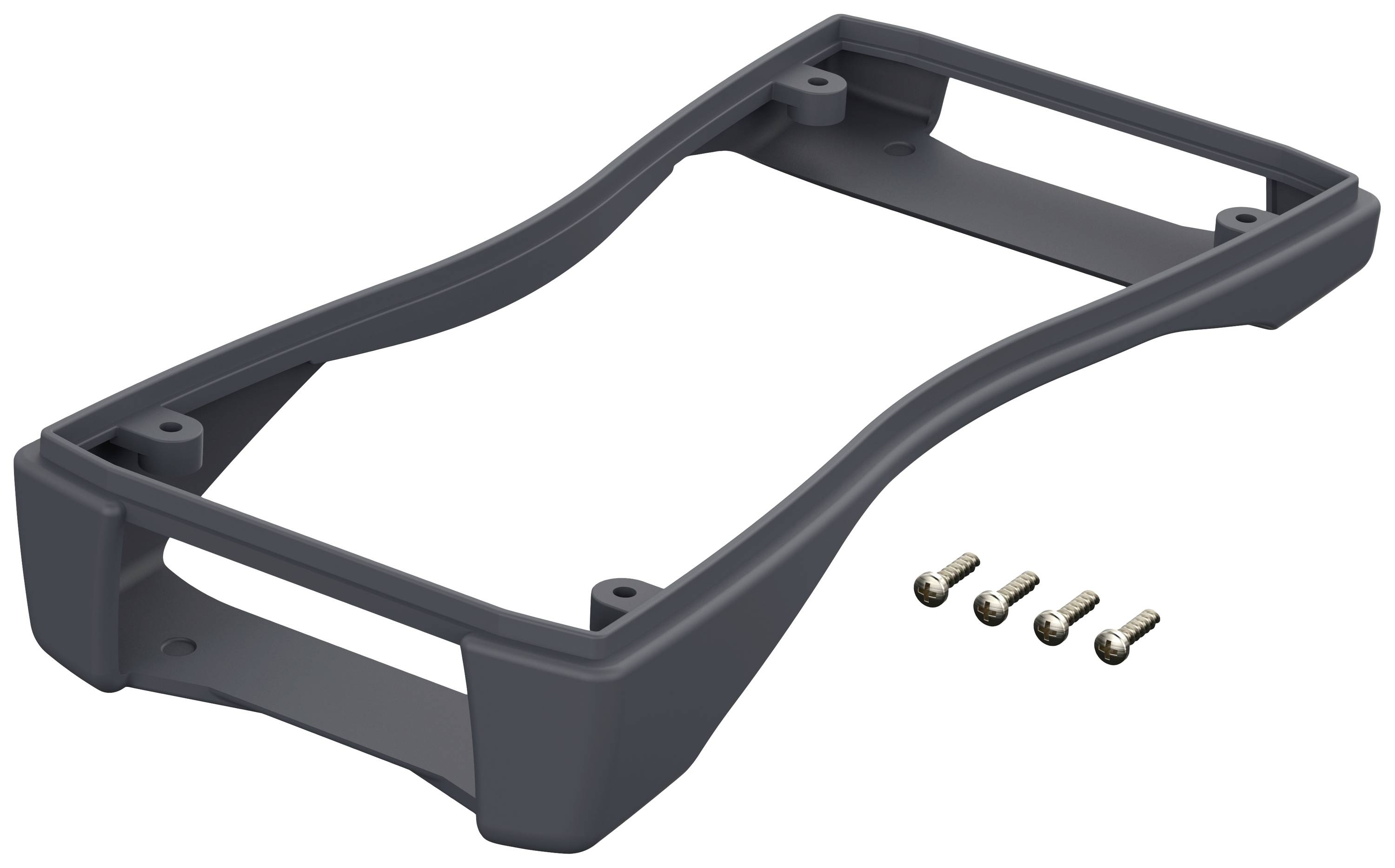 A black plastic mounting bracket with four screws beside it. Possibly suitable for installing a device or component.