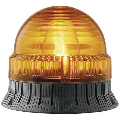An orange warning light mounted on a black base. It signals caution or danger.