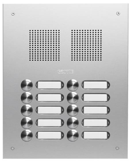 Metallic intercom system with twelve buttons and speaker grille, used for door entry and communication in multi-occupancy buildings.