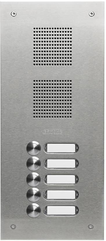 A stainless steel door intercom system with five doorbell buttons and a speaker at the top.