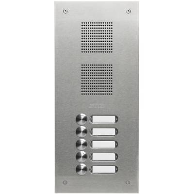 A stainless steel door intercom system with five doorbell buttons and a speaker at the top.