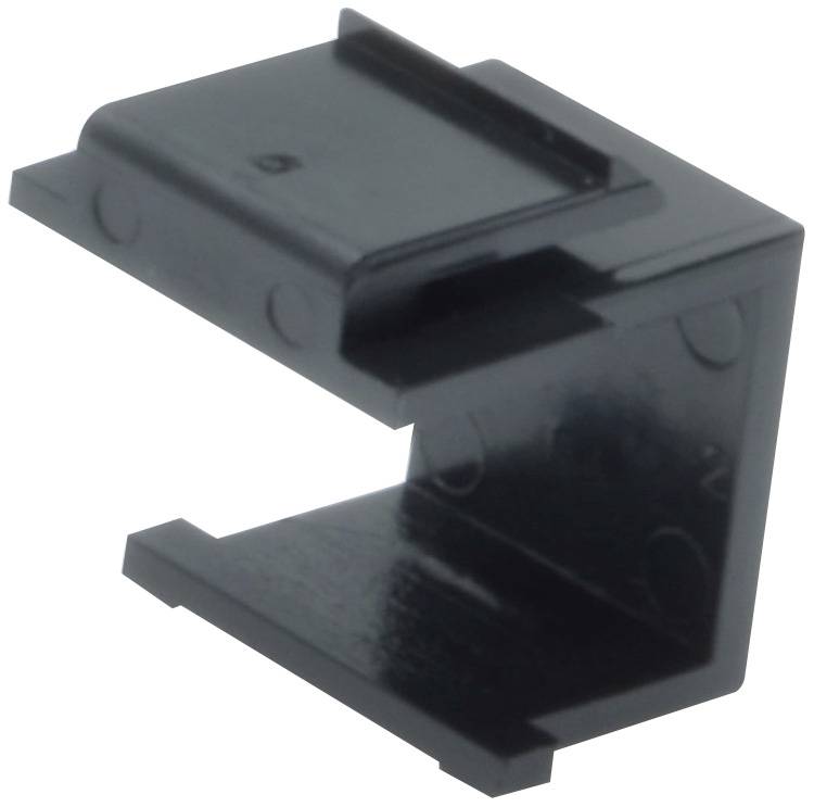 Black L-shaped plastic component, potentially a holder or clip, with textured surfaces and indentations.
