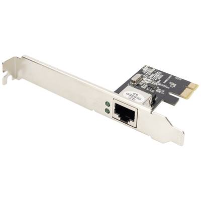 Close-up of a PCIe network card with an Ethernet port and green LED indicators on the back panel.