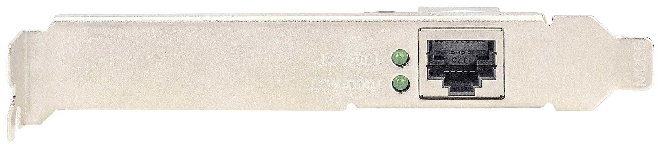 A network card with an Ethernet port and two LED indicators on the metal mounting bracket.
