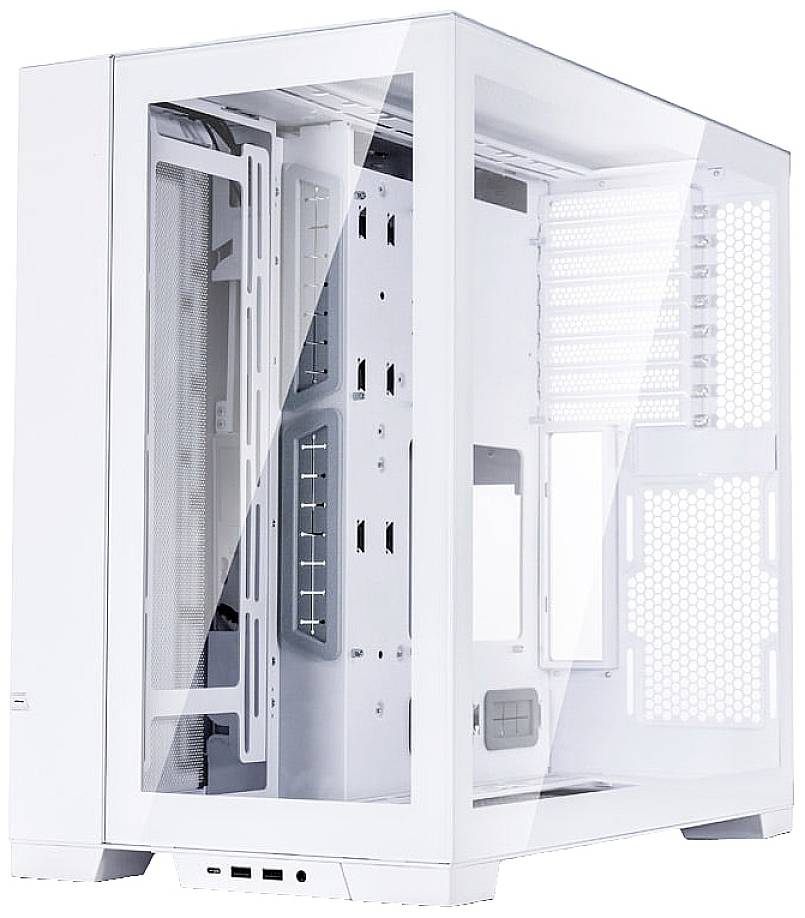 A white computer case with transparent sides. It shows multiple internal bays and connection options inside.