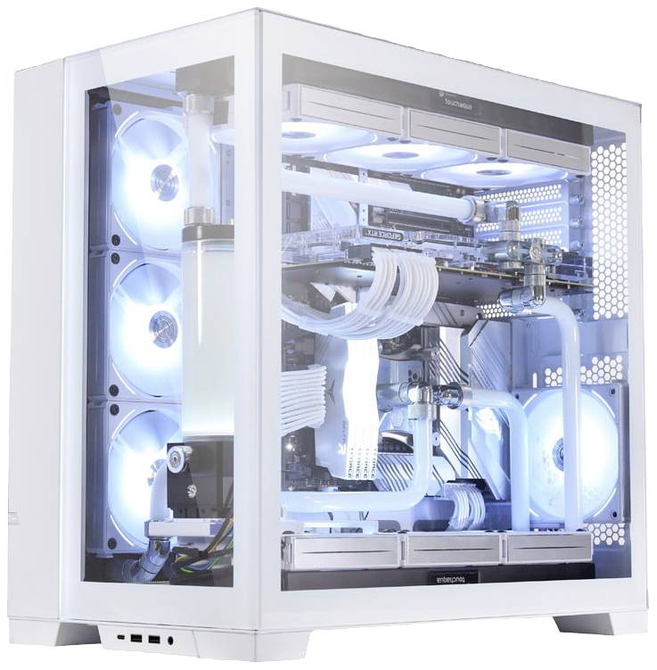A white gaming PC with a glass case reveals its internal hardware and blue LED lights that accentuate the components.