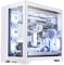A white gaming PC with a glass case reveals its internal hardware and blue LED lights that accentuate the components.