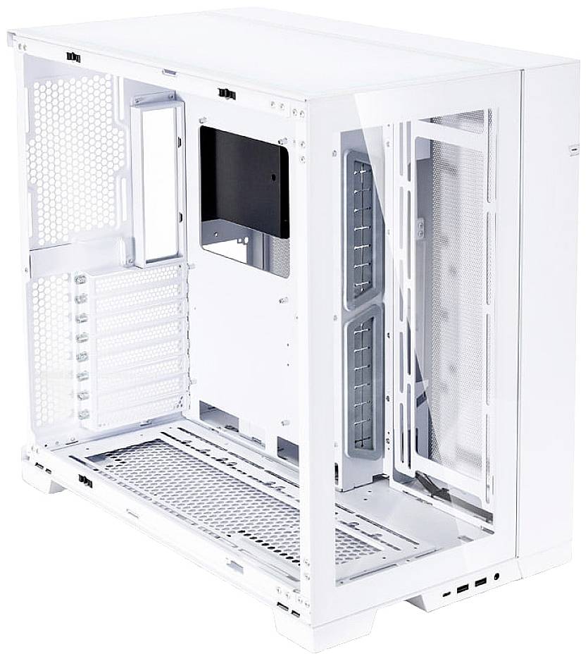 White computer case with transparent sides. Front view reveals spacious interior for PC components. Suitable for DIY PC builds.