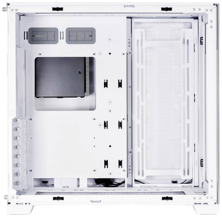 Empty white PC case with side window, suitable for installing computer components and cooling systems.