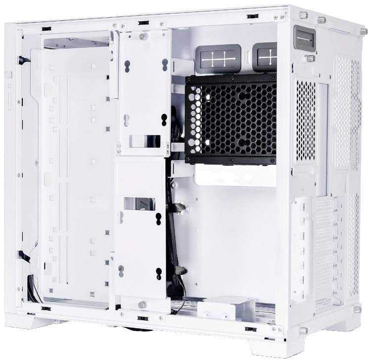 White computer case with an open side panel, revealing internal components. Space for motherboard, ventilation grilles at the top, cable management system.