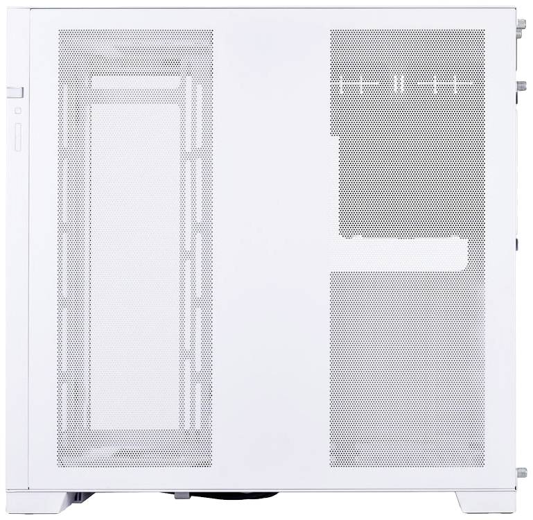 A white computer case with a side window, showing an empty interior for component installation, mesh design for improved ventilation.