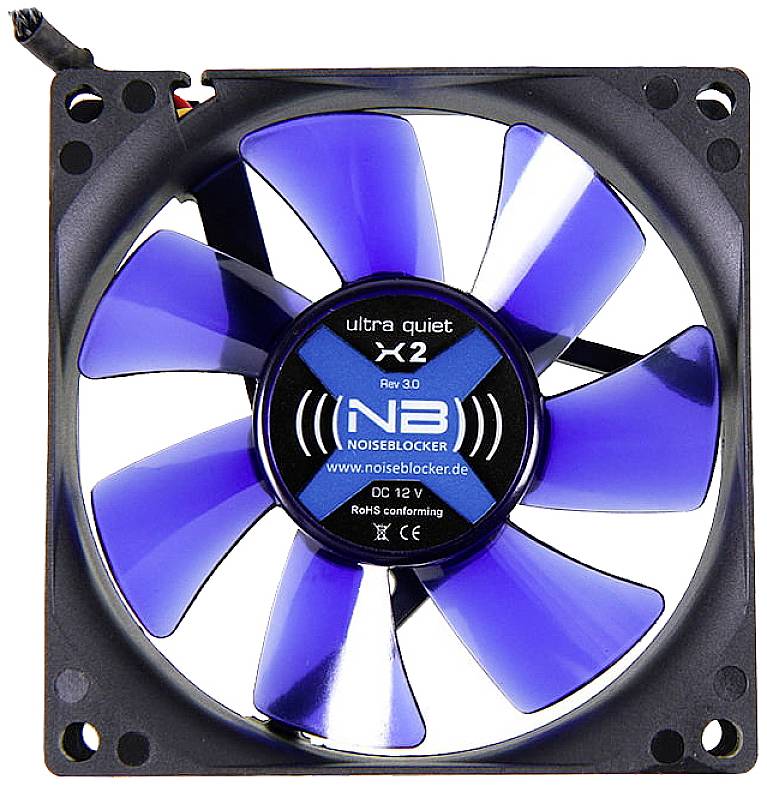Computer fan with blue-transparent blades and a black frame, marked with the inscription 'ultra quiet x2'.