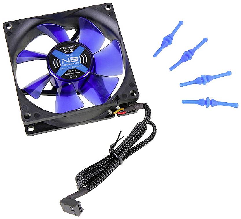 Computer fan with a blue rotor, black cable and four blue mounting pins, suitable for cooling and noise reduction.