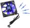 Computer fan with a blue rotor, black cable and four blue mounting pins, suitable for cooling and noise reduction.