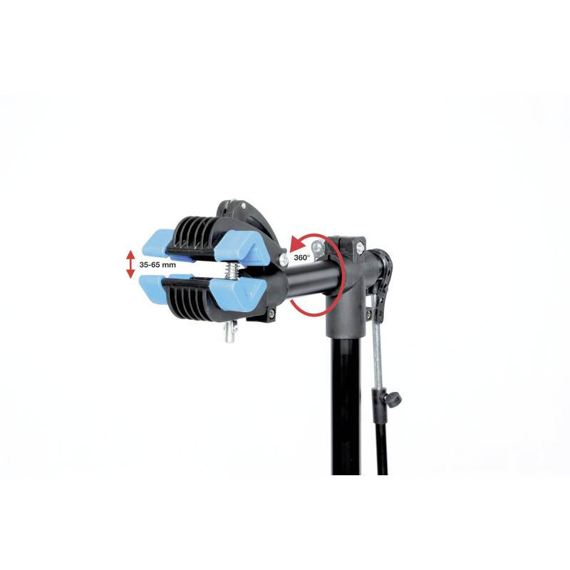 Bicycle Assembly Stand: Adjustable Clamp with 35-65 mm Clamping Range and 360-Degree Rotation Capabilities for Versatile Repairs.