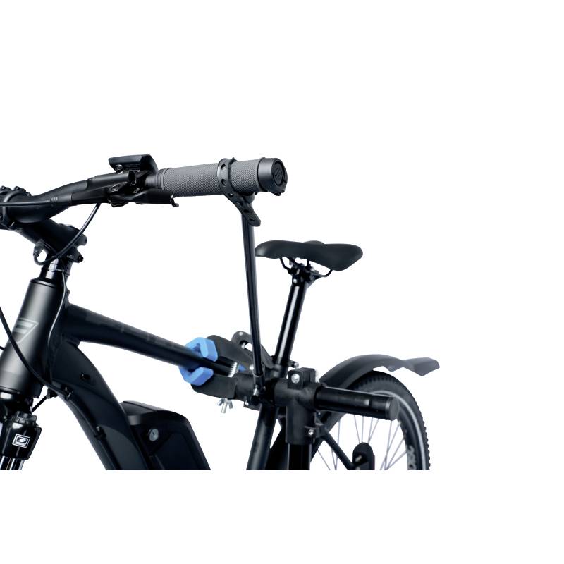 A black bicycle with blue accents, focusing on the handlebars, saddle, and front wheel, isolated against a white background.