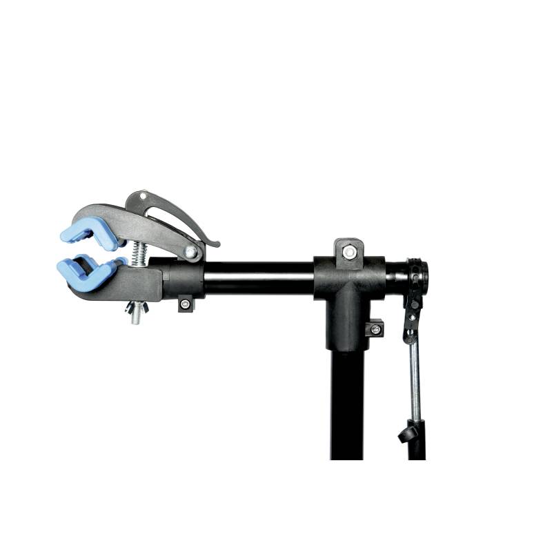 A black bicycle repair stand with a blue clamp that is open. The stand is mounted on a black pole and has a lever for adjustment.