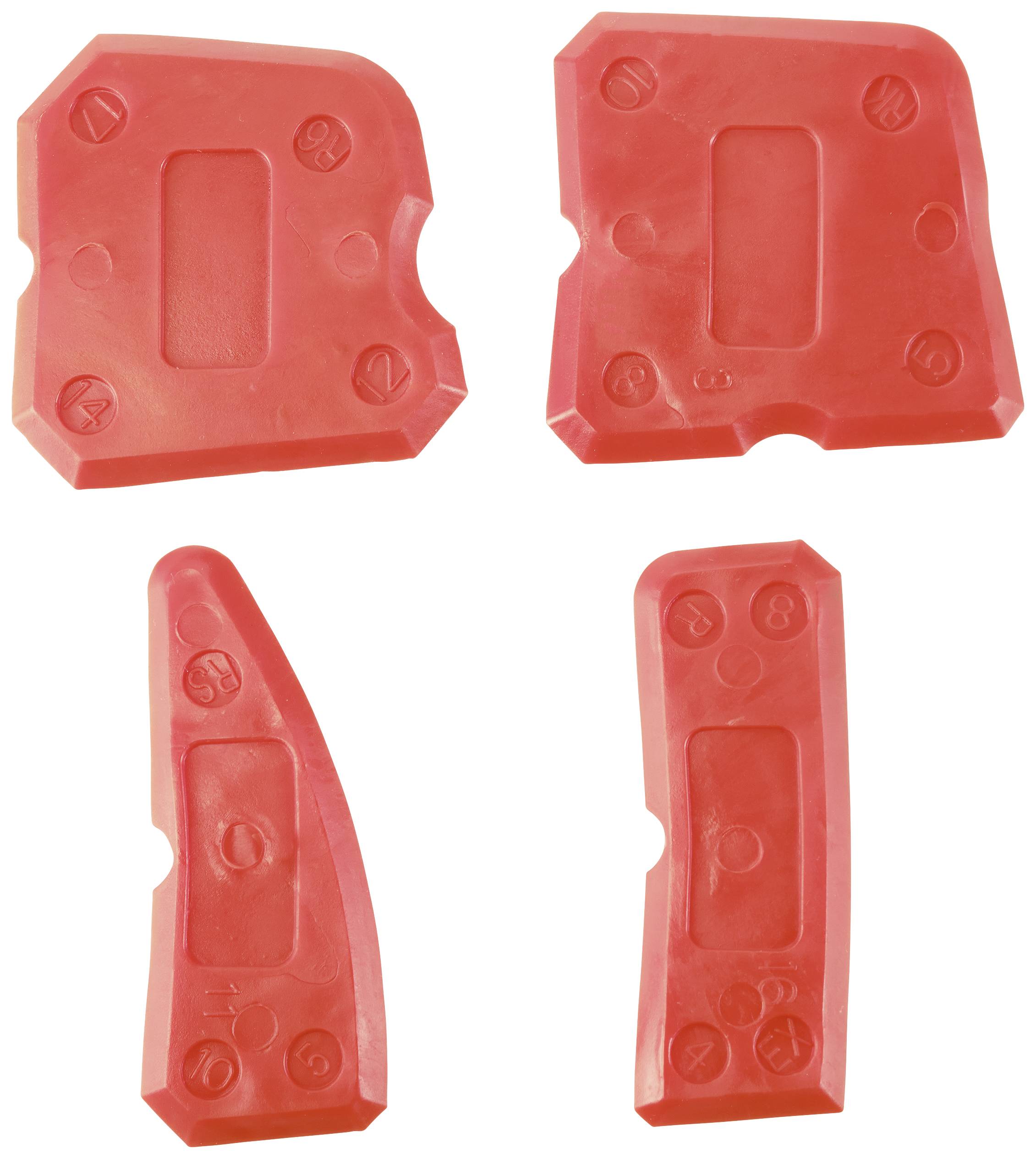 Four red plastic parts of different shapes and sizes are lying on a white background. They have embossed numbers and symbols.