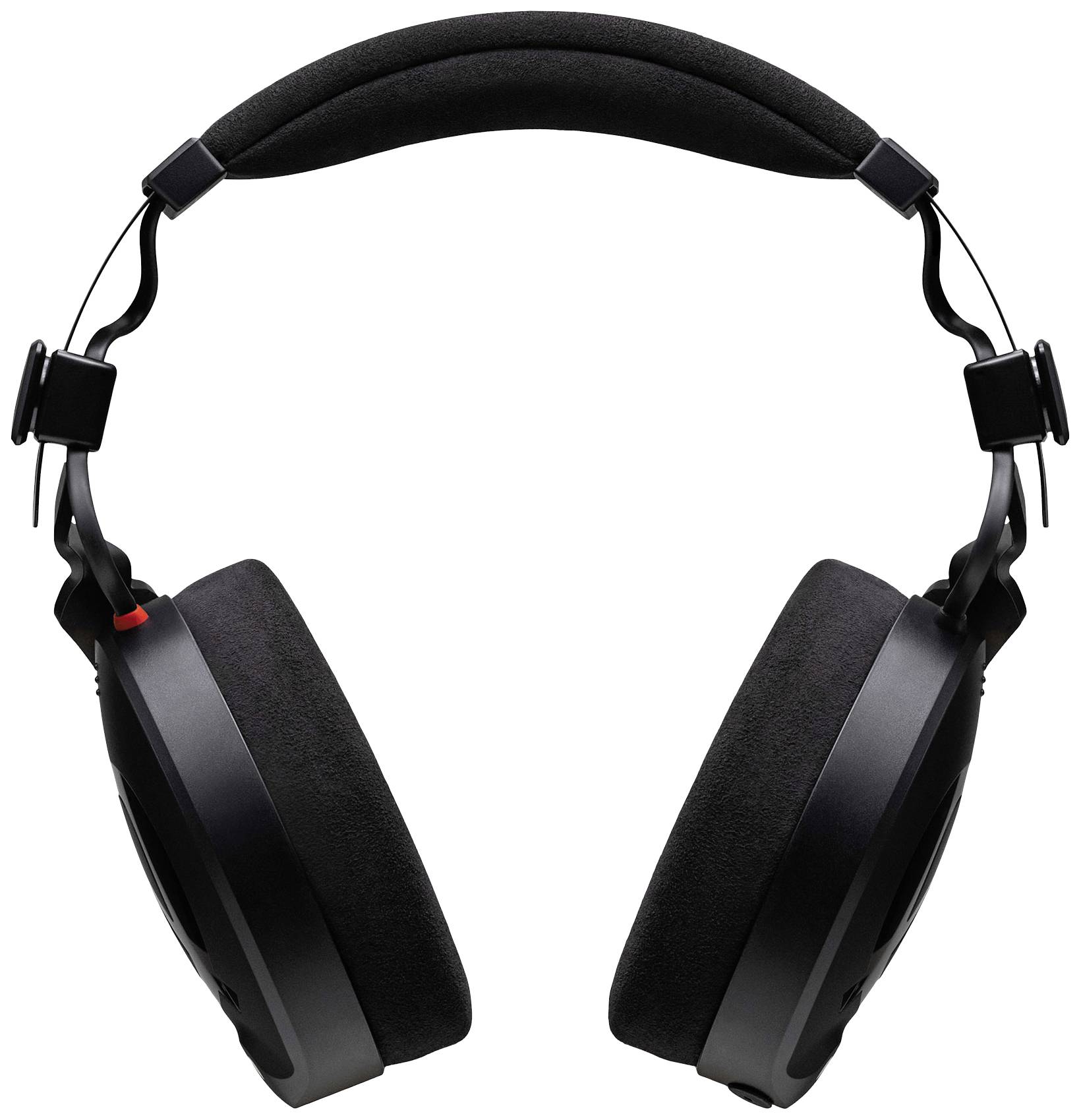 Black headphones with padded headband and large ear cups, pictured from the front.